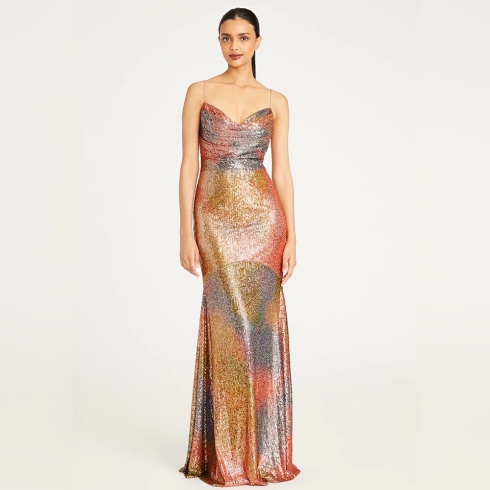 Theia Copper Orange Sequin Draped Maxi Gown